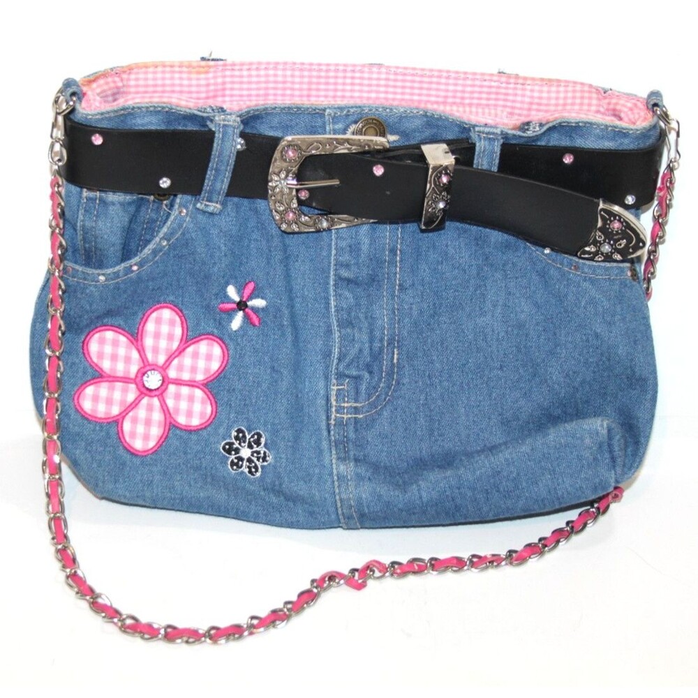 Denim Jean Purse Belt Key Chain Pink Flower Embellished Y2K Shoulder Trendy Bag